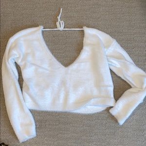 Fuzzy plunge neck white cropped long sleeve